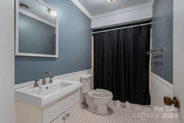 bathroom with vanity, ornamental molding, walk in shower, and toilet