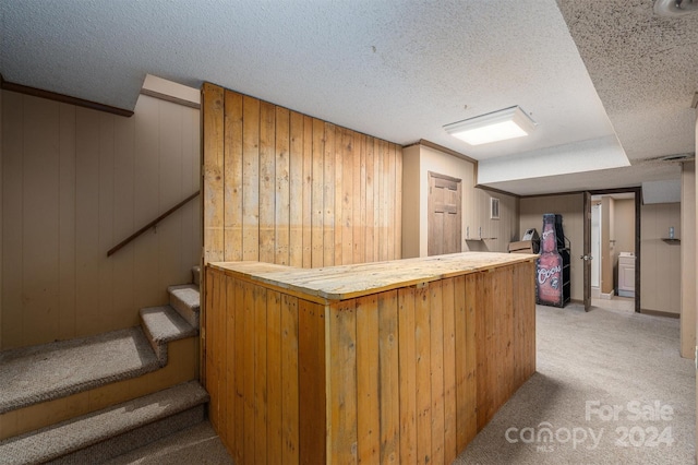 bar featuring wooden walls, light colored carpet, and a textured ceiling