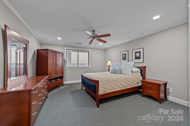 bedroom with crown molding, dark colored carpet, and ceiling fan