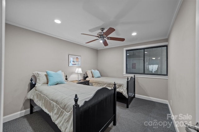 carpeted bedroom featuring crown molding, baseboards, recessed lighting, and a ceiling fan