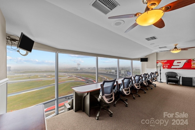 office space with ceiling fan, visible vents, and carpet floors