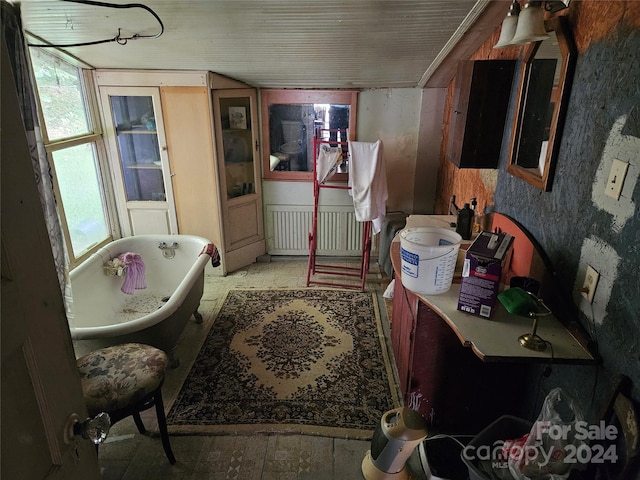 bathroom with radiator and a tub to relax in