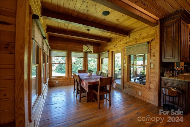 dining area with beam ceiling, wood walls, dark hardwood / wood-style floors, and wooden ceiling