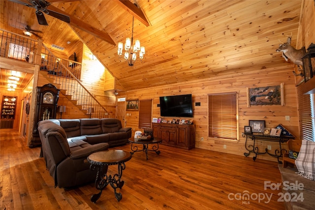 living room with beamed ceiling, wood ceiling, wood walls, high vaulted ceiling, and hardwood / wood-style flooring