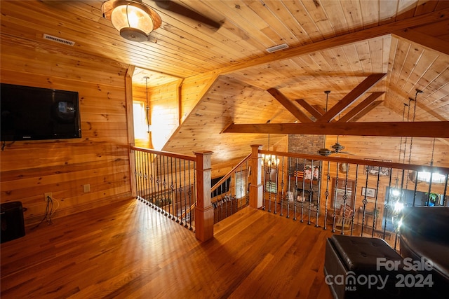 unfurnished living room featuring wood ceiling, wood-type flooring, ceiling fan, and wooden walls