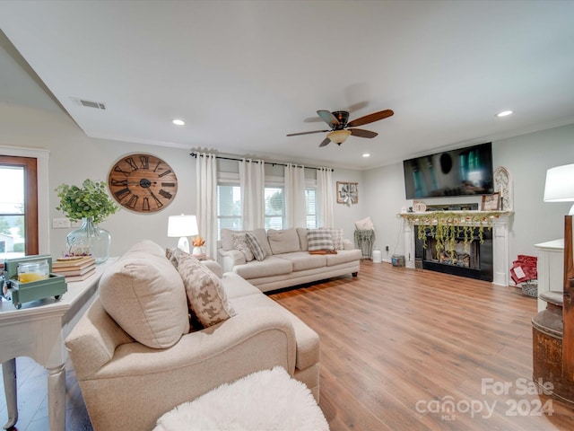 living room with a healthy amount of sunlight, a fireplace, ceiling fan, and wood-type flooring