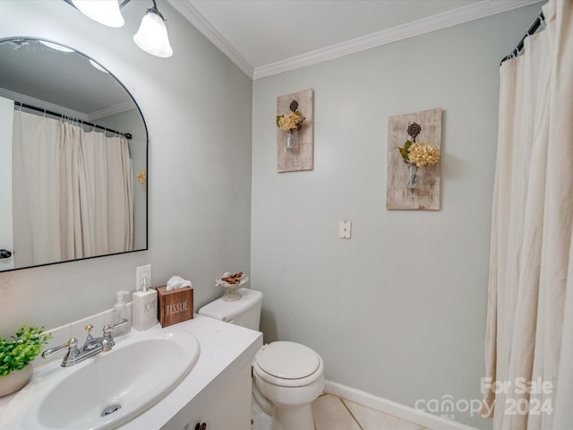 full bath featuring crown molding, vanity, toilet, tile patterned floors, and baseboards