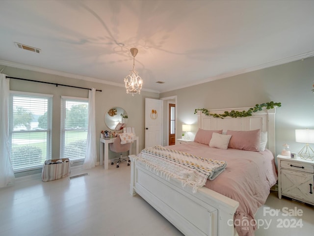 bedroom featuring light wood-type flooring, a chandelier, and crown molding