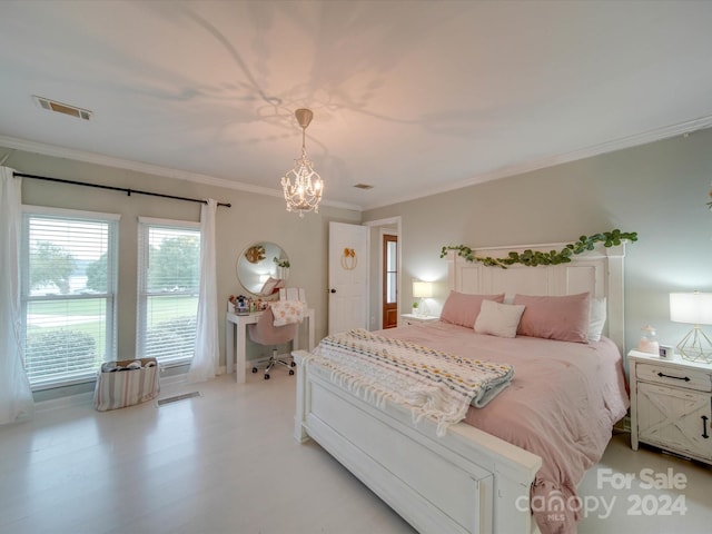 bedroom with crown molding, a chandelier, and visible vents