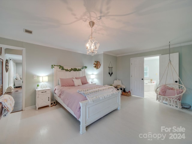 bedroom with visible vents, ornamental molding, ensuite bathroom, and an inviting chandelier