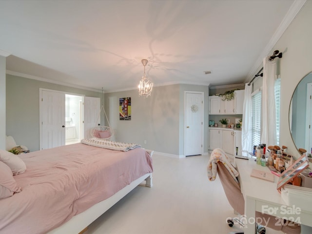 bedroom with crown molding, baseboards, a chandelier, and light wood-type flooring