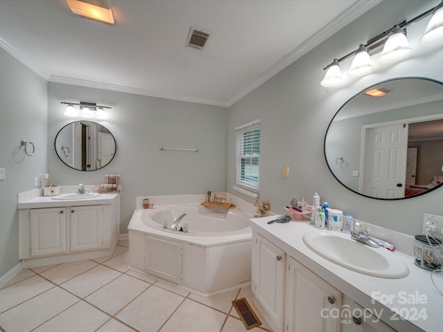 bathroom with a bathtub, crown molding, vanity, and tile patterned floors