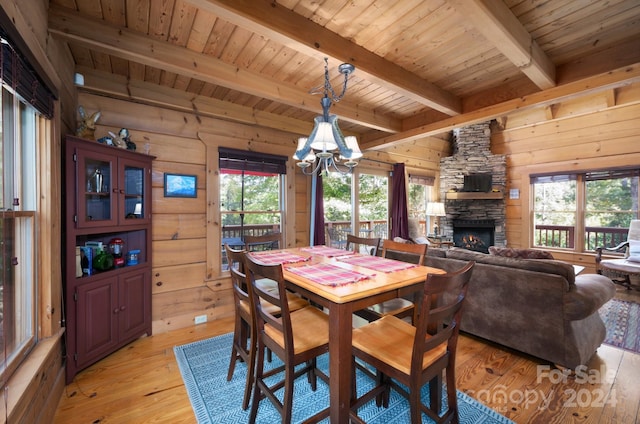 dining room with light hardwood / wood-style flooring, a fireplace, beamed ceiling, and a healthy amount of sunlight