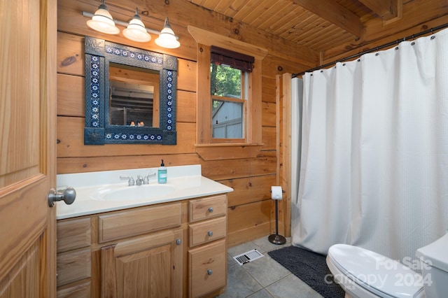 bathroom with wooden walls, tile patterned floors, wooden ceiling, toilet, and vanity