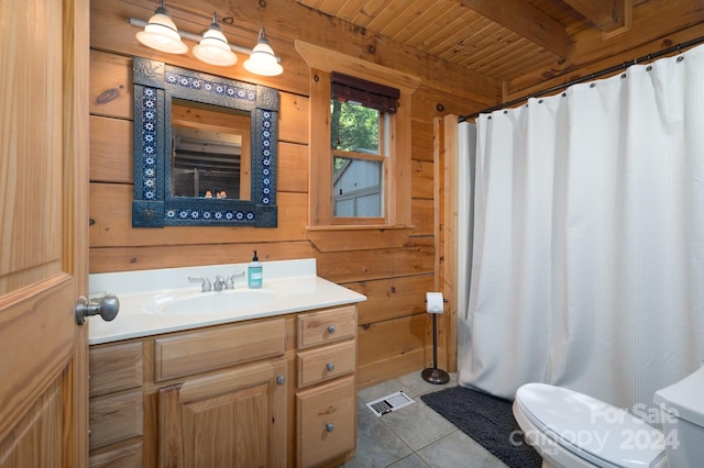 117 Laurel Lakes Pkwy, Lake Lure, NC 28746 - bathroom featuring wooden ceiling, wood walls, toilet, tile patterned floors, and vanity