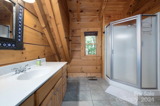 bathroom featuring wood ceiling, vanity, wooden walls, and walk in shower