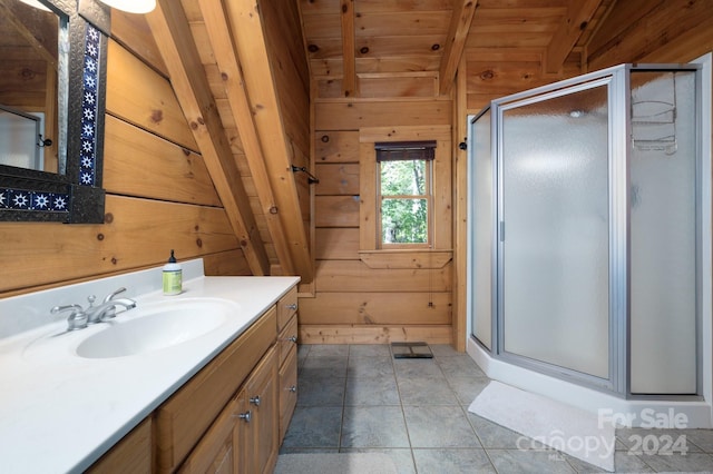 117 Laurel Lakes Pkwy, Lake Lure, NC 28746 - full bath with wooden walls, a stall shower, wood ceiling, vanity, and beamed ceiling