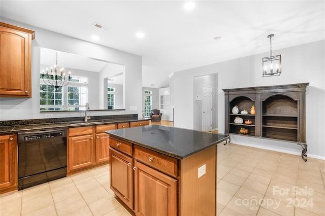 kitchen with black dishwasher, a chandelier, a center island, sink, and hanging light fixtures