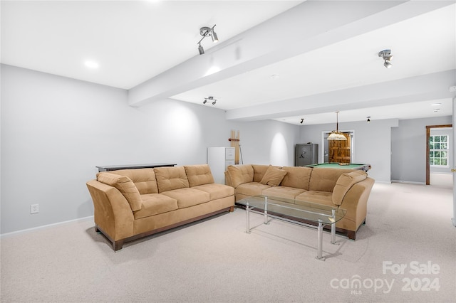 carpeted living area with baseboards, recessed lighting, and pool table
