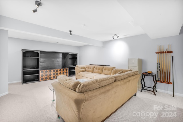 carpeted living area with rail lighting and baseboards