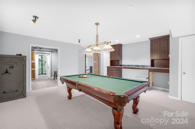 game room with light carpet and billiards