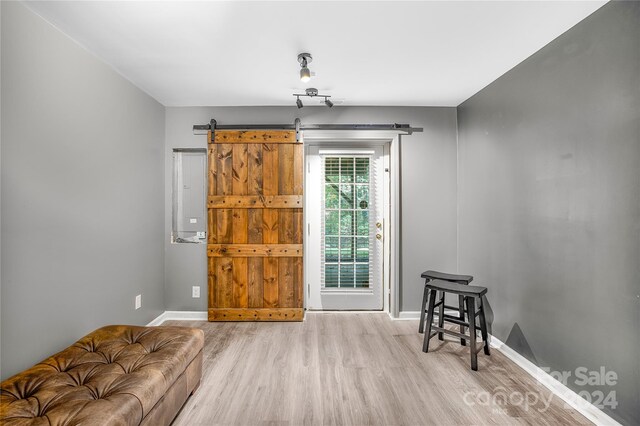 interior space with a barn door and light hardwood / wood-style floors