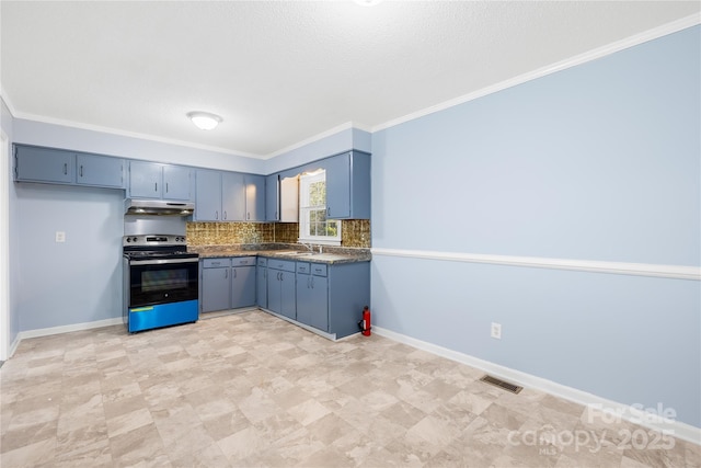 kitchen with tasteful backsplash, ornamental molding, sink, and stainless steel range with electric cooktop