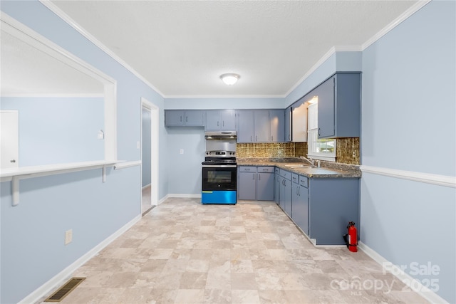 kitchen featuring tasteful backsplash, sink, stainless steel electric stove, and ornamental molding