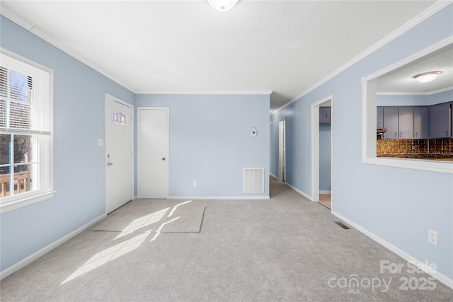 carpeted empty room with ornamental molding and a textured ceiling