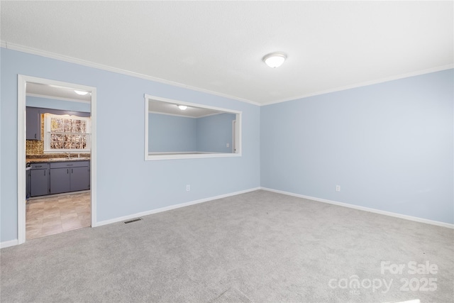 carpeted empty room featuring ornamental molding and sink