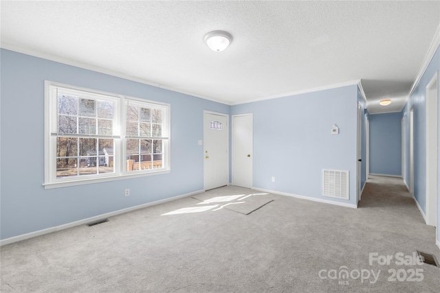 carpeted spare room with ornamental molding and a textured ceiling