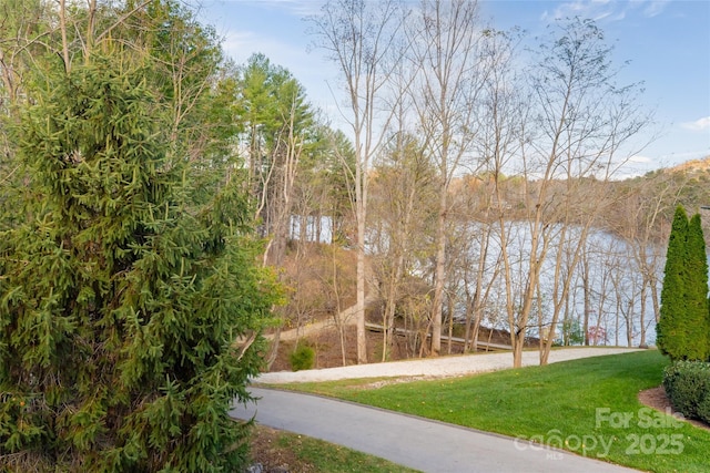 surrounding community with a water view and a yard