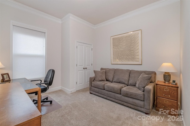 office featuring crown molding and light carpet