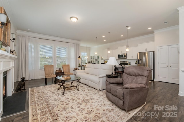 living room with crown molding and dark wood-type flooring