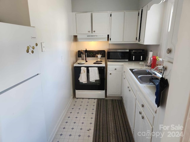 kitchen with white cabinetry, white appliances, and sink