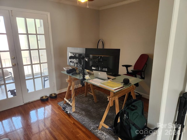 office featuring crown molding, french doors, hardwood / wood-style flooring, and ceiling fan