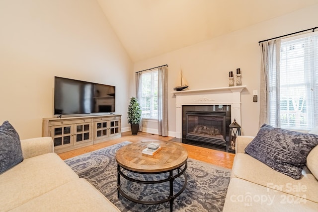 living room with hardwood / wood-style floors and high vaulted ceiling