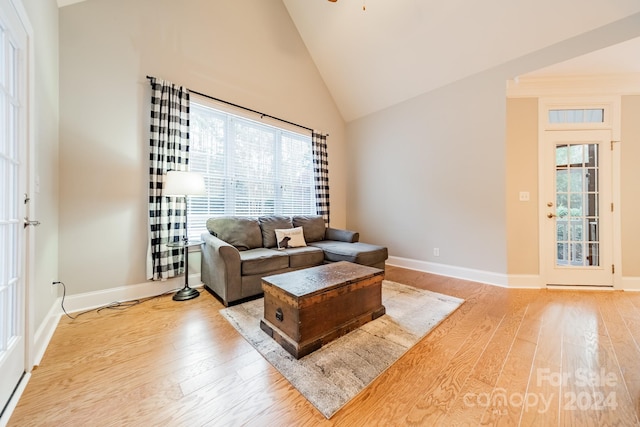 living room featuring plenty of natural light, high vaulted ceiling, and light hardwood / wood-style flooring