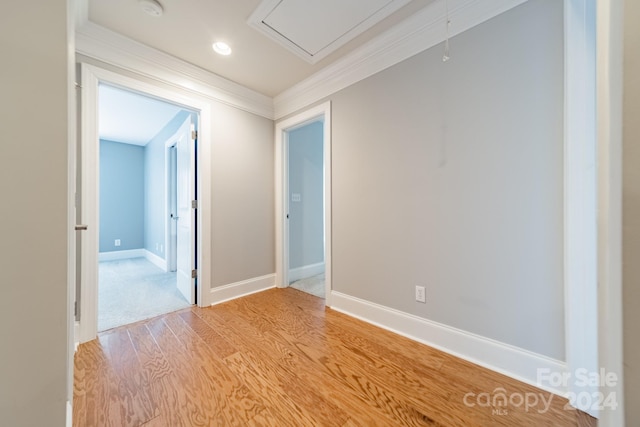 spare room featuring ornamental molding and light hardwood / wood-style flooring