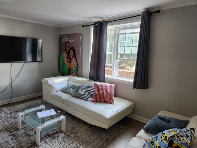 living room with ornamental molding and hardwood / wood-style flooring