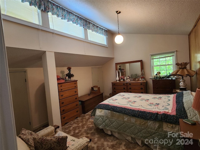 carpeted bedroom with a textured ceiling and lofted ceiling