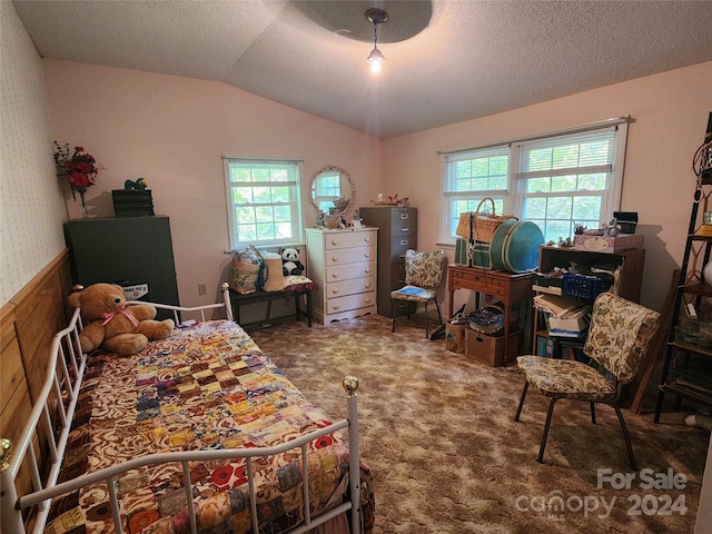 bedroom with lofted ceiling, carpet floors, and a textured ceiling