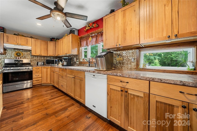 kitchen with decorative backsplash, stainless steel appliances, ceiling fan, and dark hardwood / wood-style floors