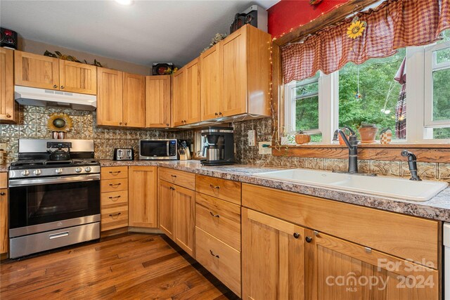 kitchen featuring stainless steel appliances, dark hardwood / wood-style floors, tasteful backsplash, and sink