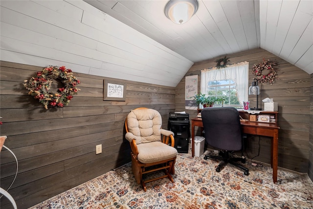 office area featuring wood ceiling, wooden walls, and vaulted ceiling