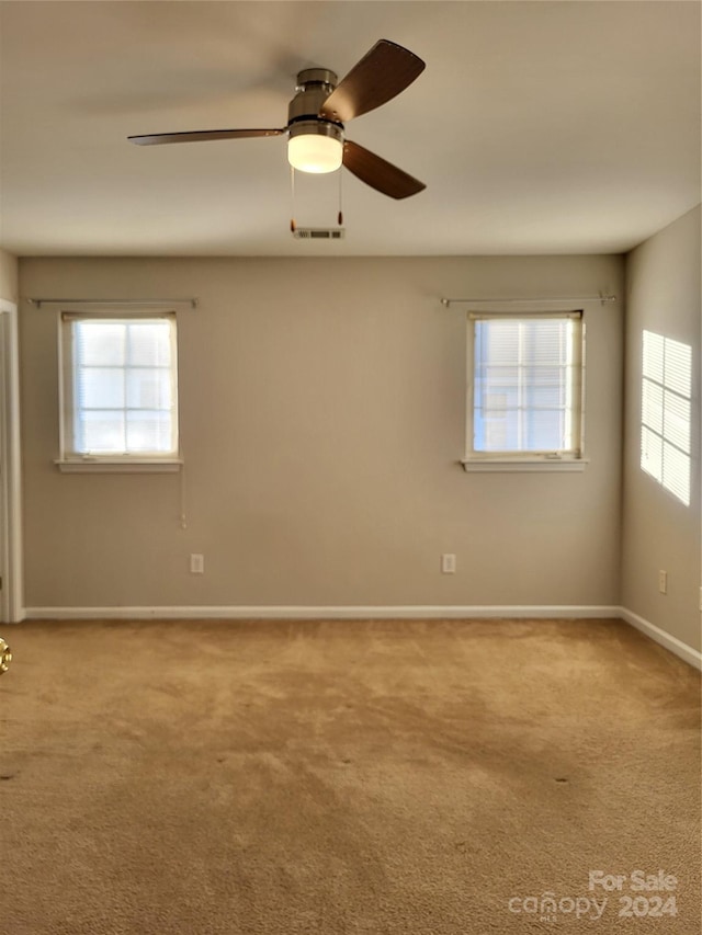 carpeted spare room featuring a wealth of natural light and ceiling fan