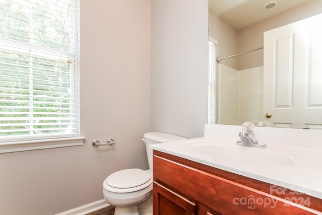 bathroom featuring vanity, toilet, a healthy amount of sunlight, and a shower