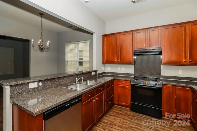 kitchen with black / electric stove, a chandelier, sink, dark hardwood / wood-style floors, and stainless steel dishwasher