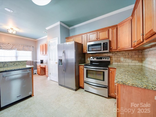 kitchen with tasteful backsplash, ornamental molding, appliances with stainless steel finishes, and light stone counters