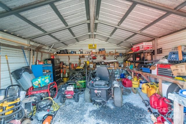 garage with a workshop area